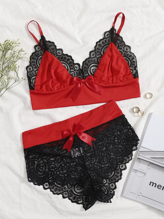 Red And Black Color Combination Lace Bow Tie Sexy Lingerie Set
