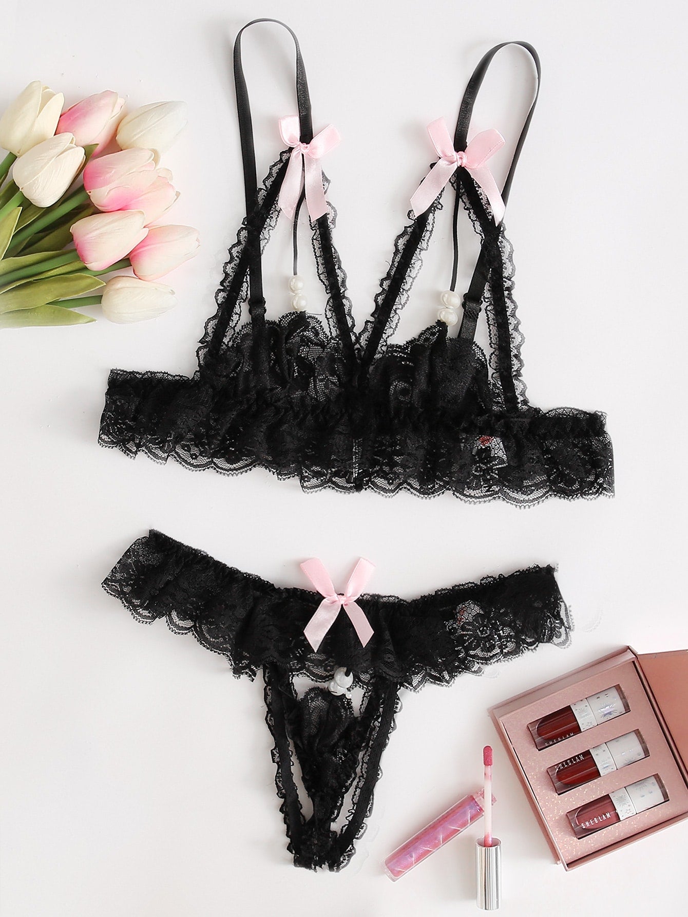 Black Lace Bralette With Lace-Covered And Open-Ended Bow Tie Set