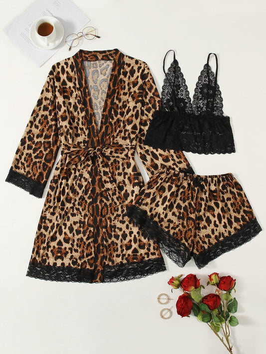 Sexy Leopard Print Bra Bathrobe Pajamas Women's Nightgown Shorts Home Wear Cardigan Three Piece Suit