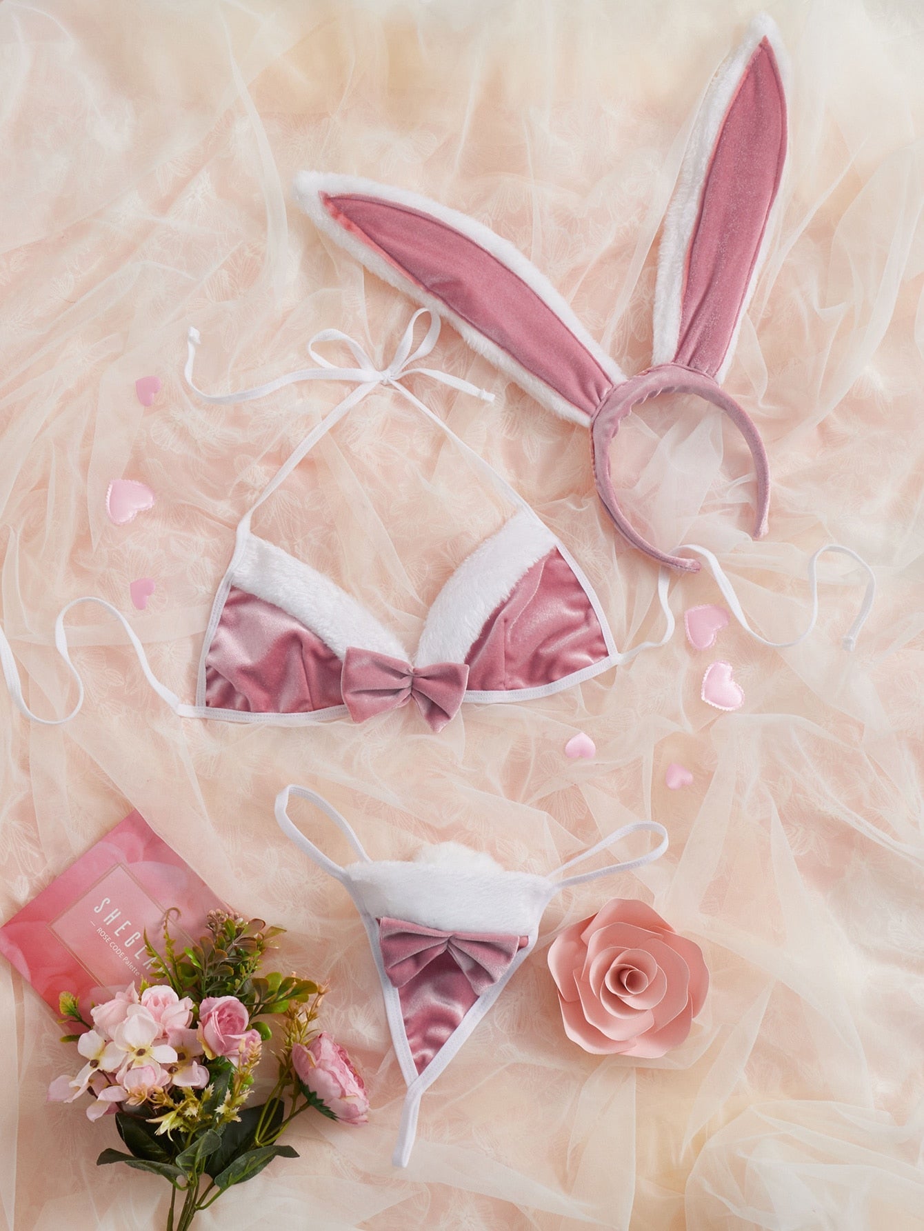 Pink Velvet Sexy Bunny Girl Bikini Lingerie Set