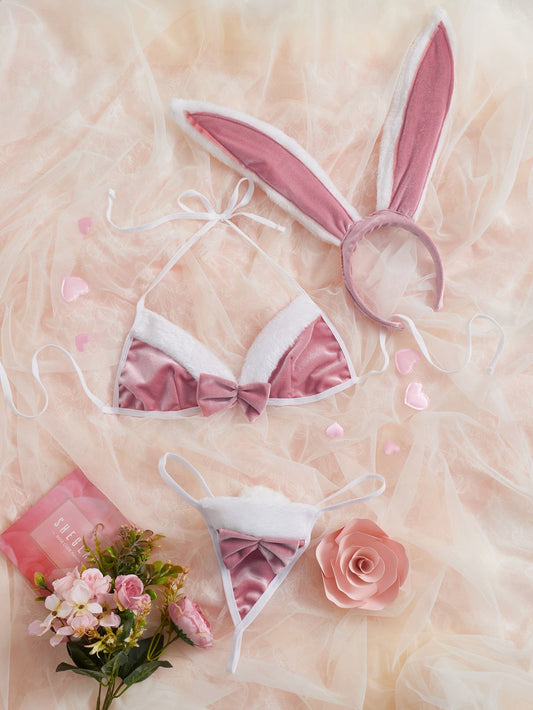 Pink Velvet Sexy Bunny Girl Bikini Lingerie Set