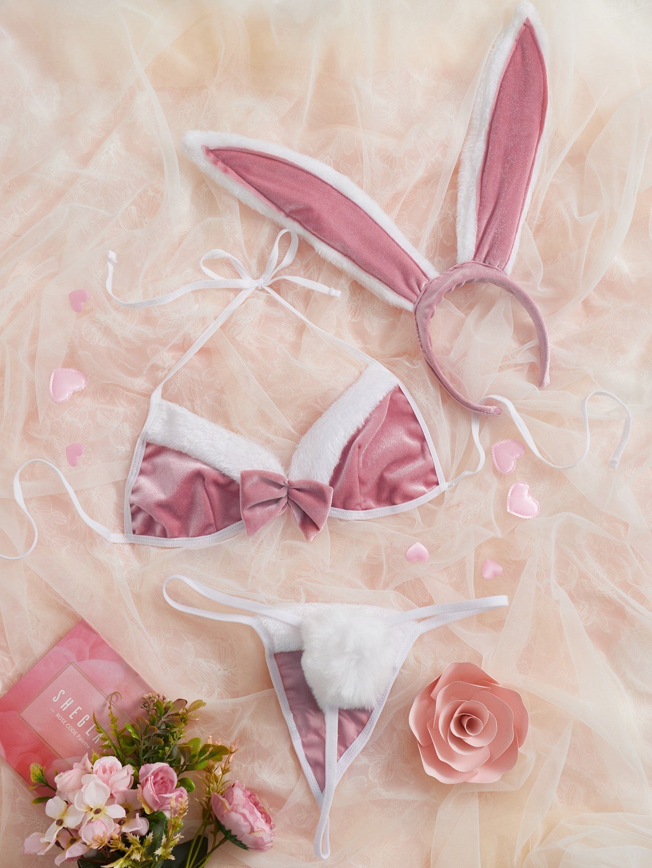 Pink Velvet Sexy Bunny Girl Bikini Lingerie Set