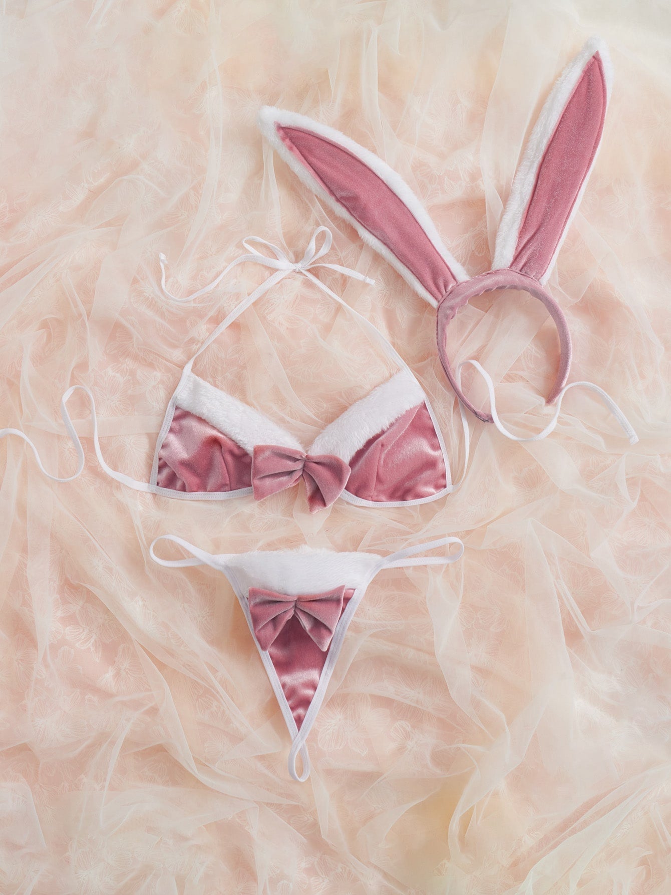 Pink Velvet Sexy Bunny Girl Bikini Lingerie Set