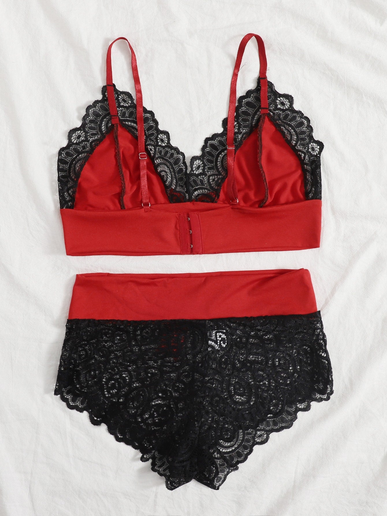 Red And Black Color Combination Lace Bow Tie Sexy Lingerie Set