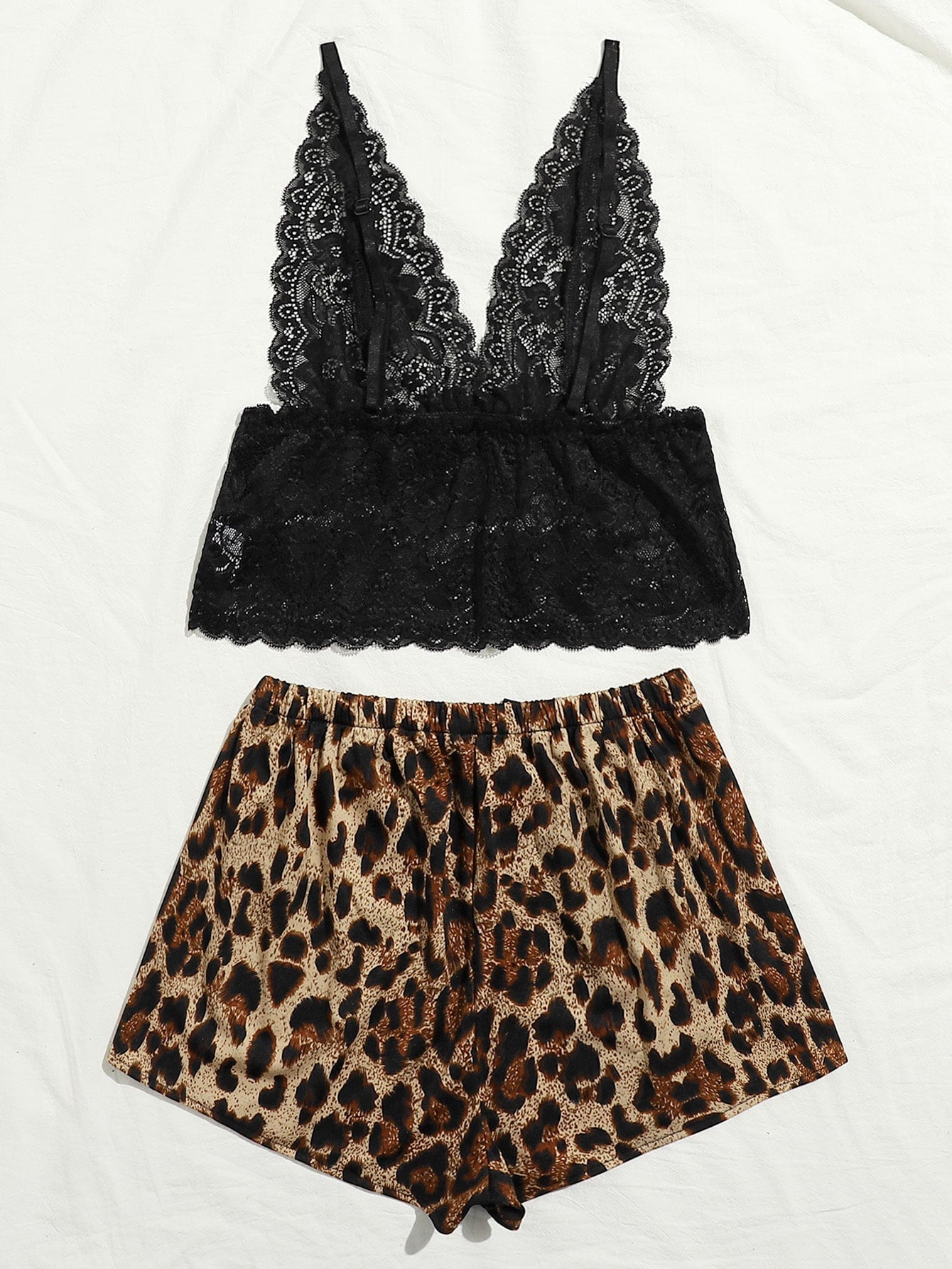 Sexy Lace Sheer Leopard Print Deep V Short Pants Set For Home Wear Set Pajamas For Women