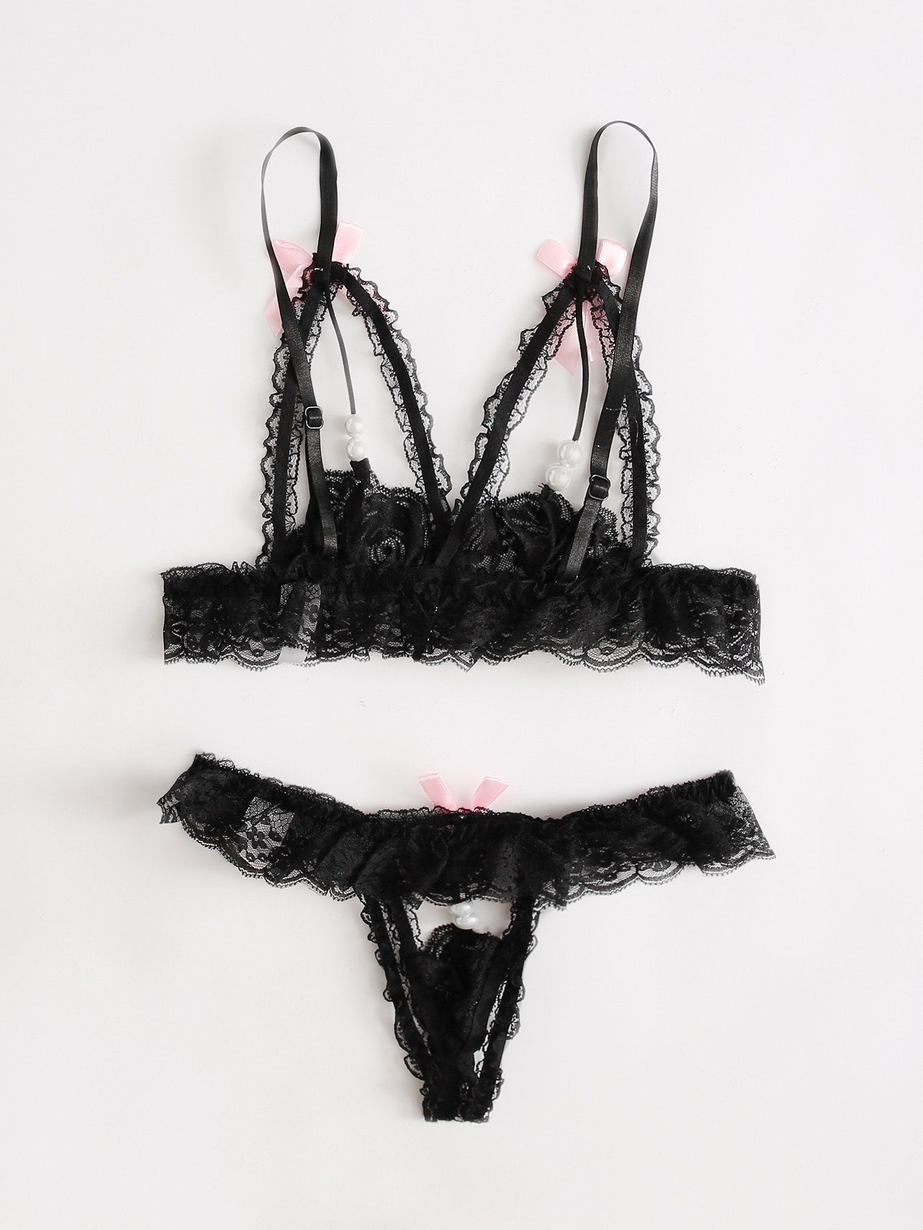 Black Lace Bralette With Lace-Covered And Open-Ended Bow Tie Set
