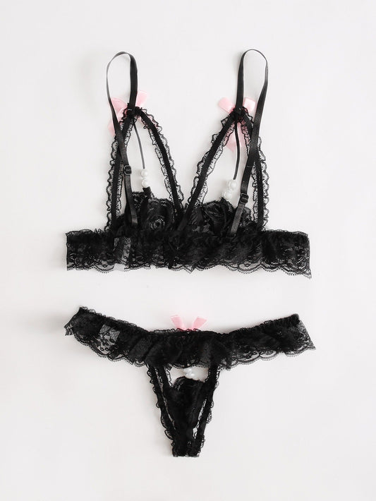 Black Lace Bralette With Lace-Covered And Open-Ended Bow Tie Set