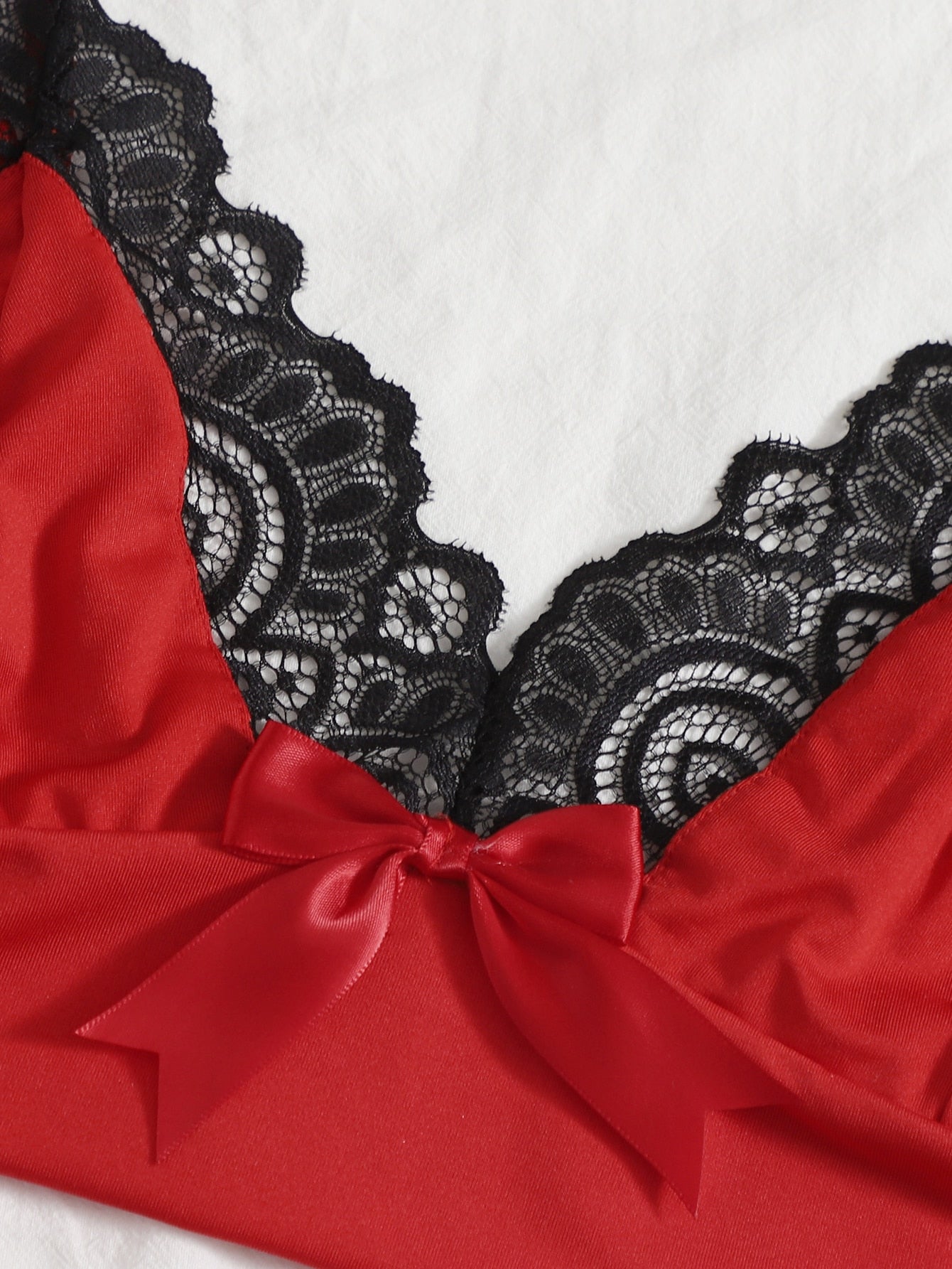 Red And Black Color Combination Lace Bow Tie Sexy Lingerie Set