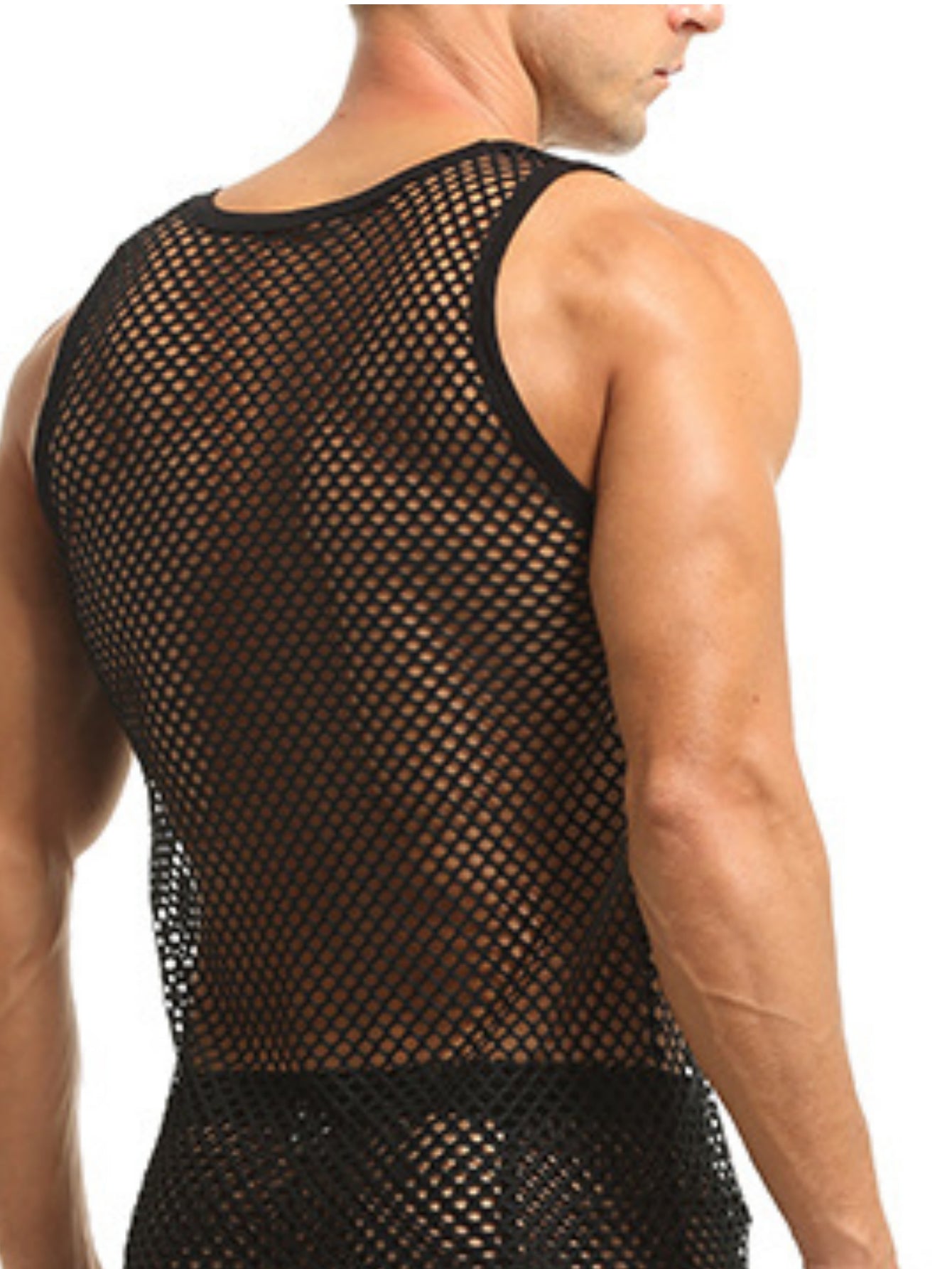 Sleeveless Netted Open-Front Sexy Men's Round-Neck Turtleneck Shirt