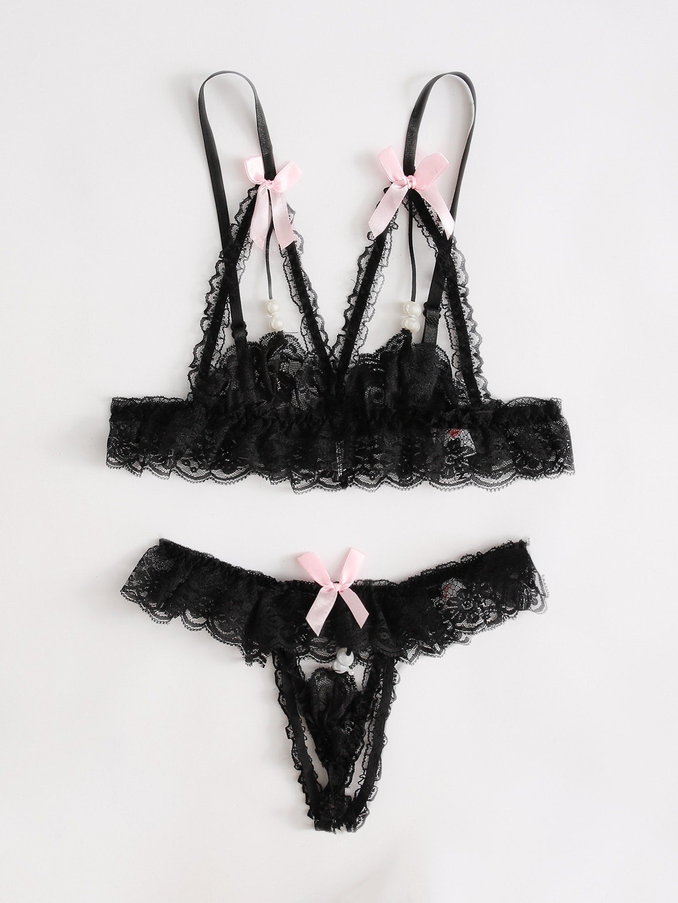 Black Lace Bralette With Lace-Covered And Open-Ended Bow Tie Set