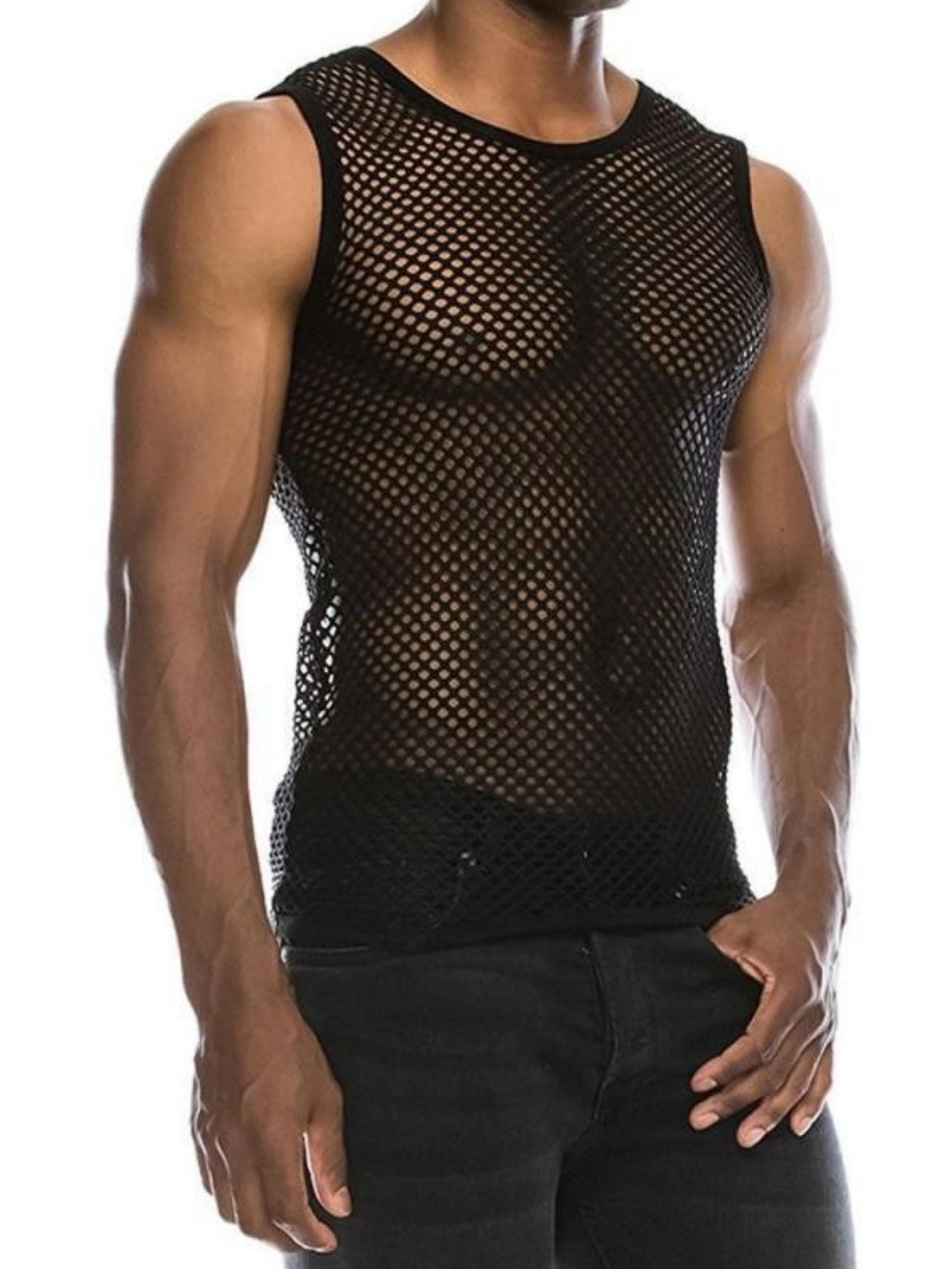 Sleeveless Netted Open-Front Sexy Men's Round-Neck Turtleneck Shirt