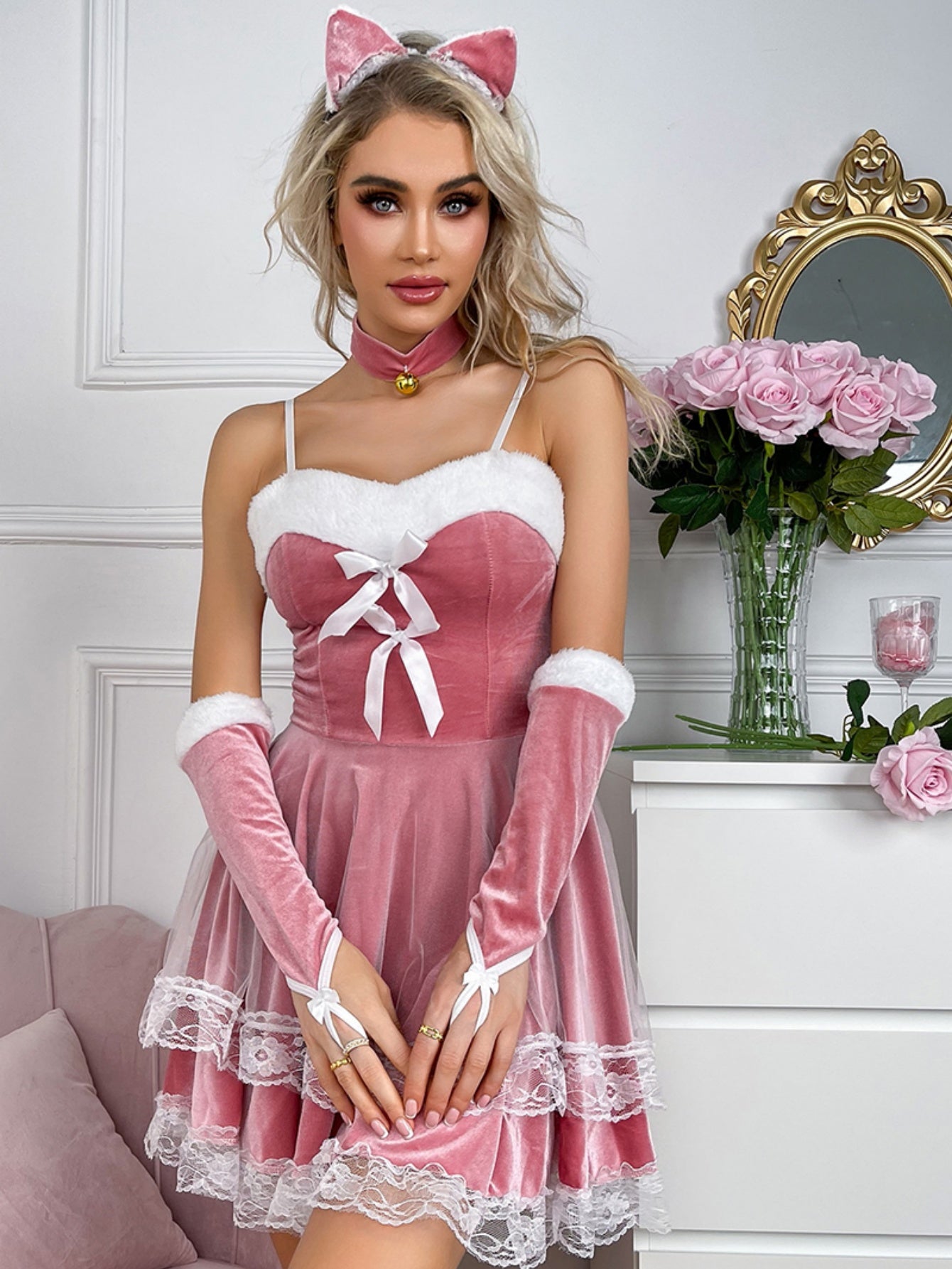 Pink Velvet Lace Sexy Bunny Girl Lingerie