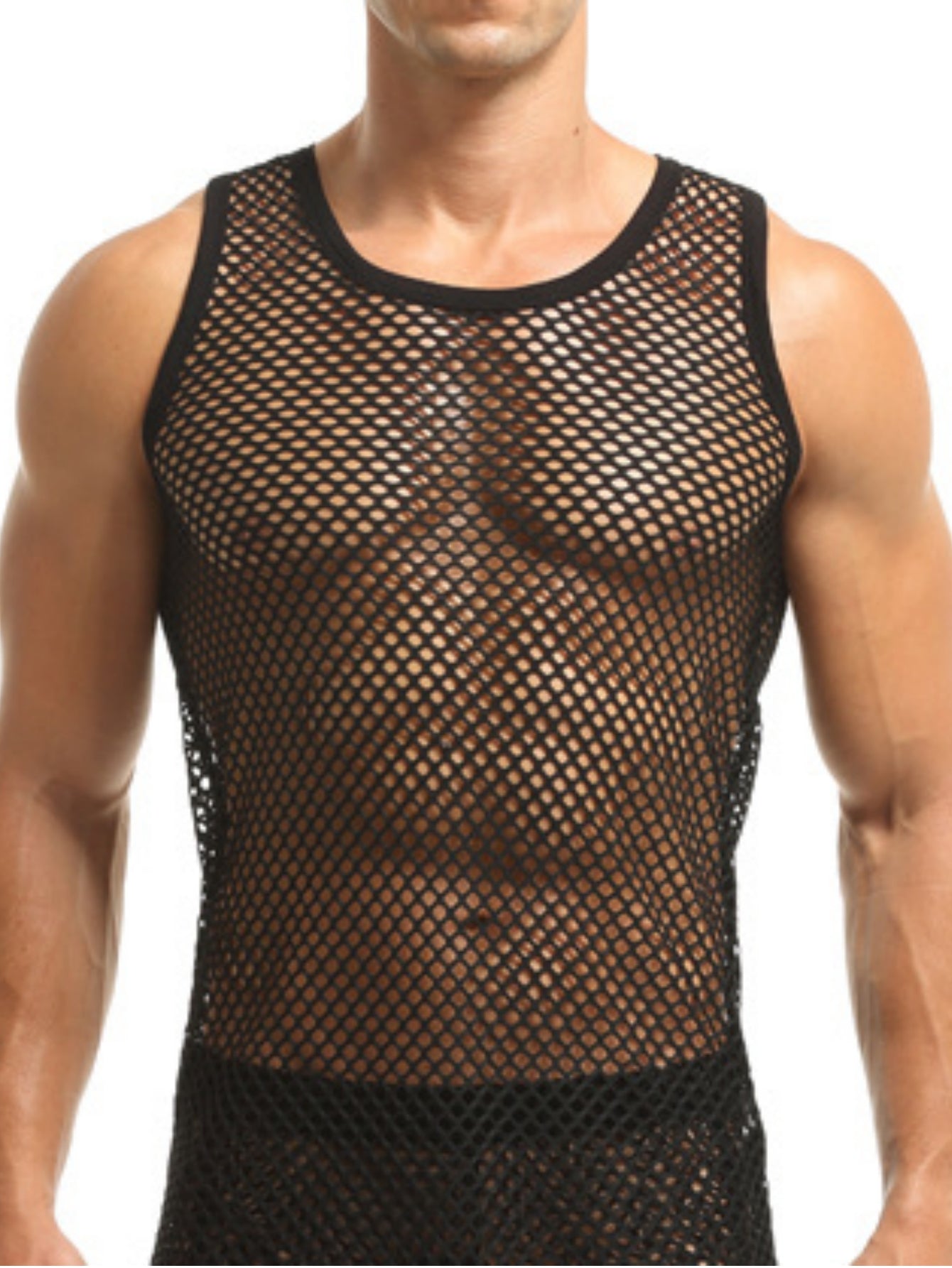Sleeveless Netted Open-Front Sexy Men's Round-Neck Turtleneck Shirt