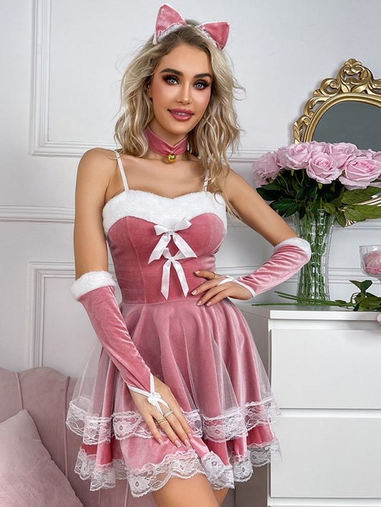 Pink Velvet Lace Sexy Bunny Girl Lingerie