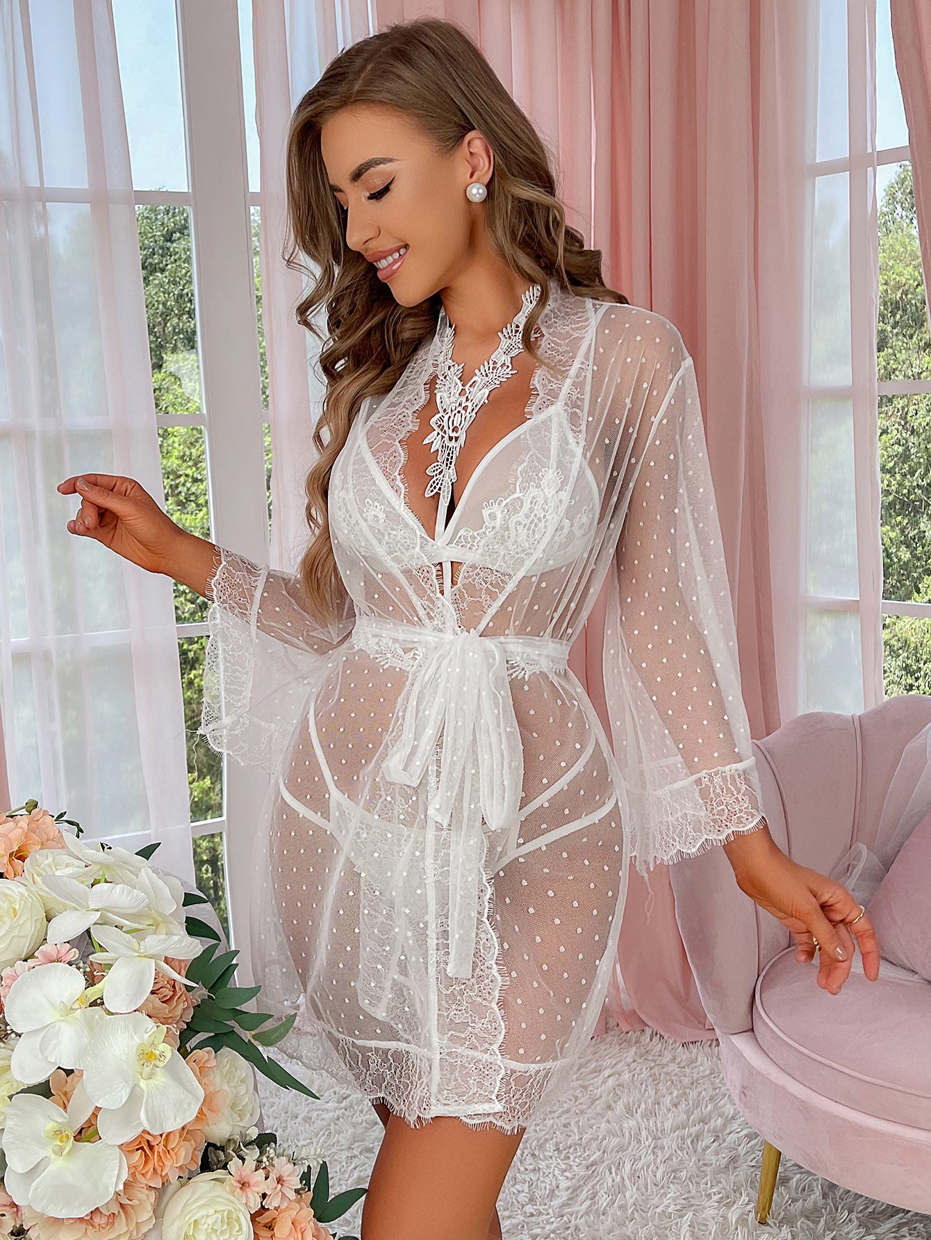 Sexy Lingerie With Sheer Lace Bridal Dress Set