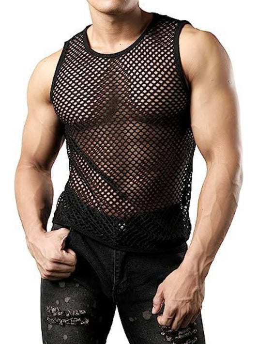 Sleeveless Netted Open-Front Sexy Men's Round-Neck Turtleneck Shirt